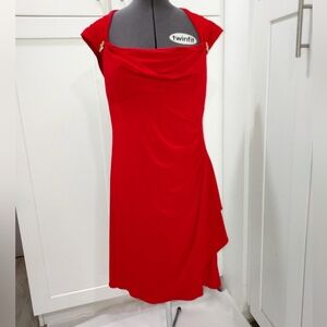 Red Draped Women's Dress With Ruched Back And Keyhole Opening.